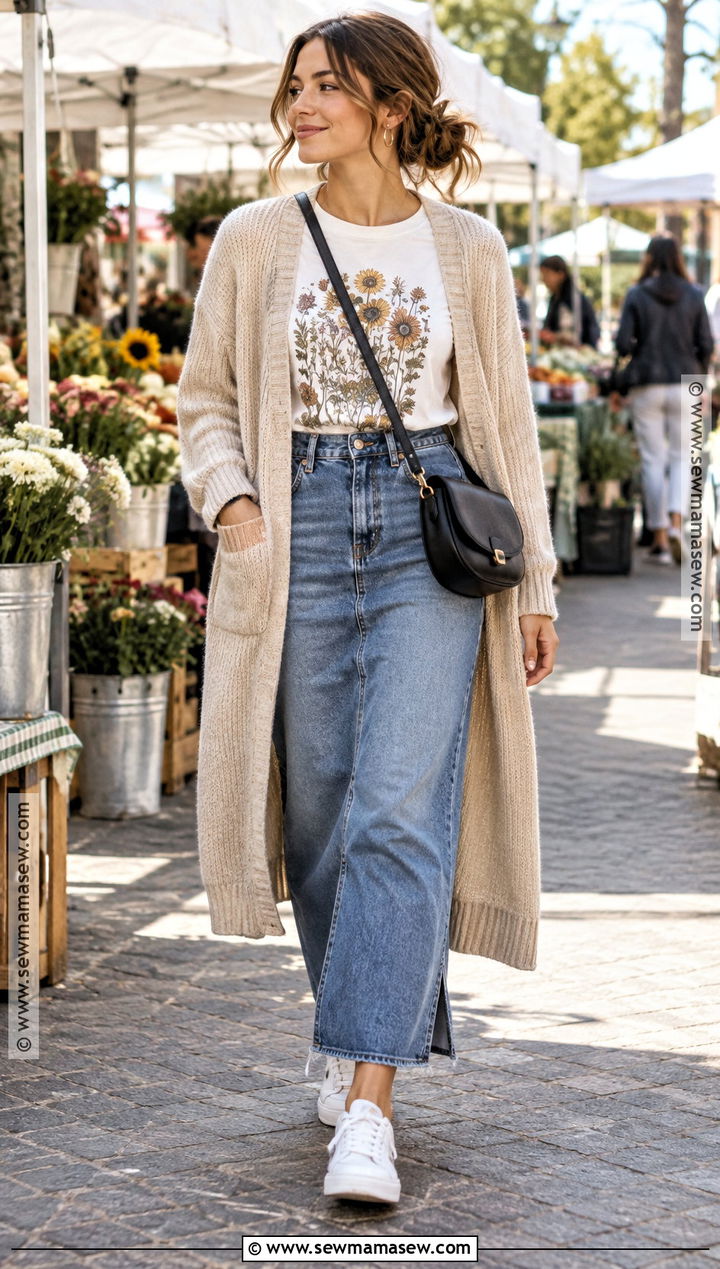 Jean Skirt With Graphic Tee And Long Cardigan - 20 jean skirt outfit fall ideas