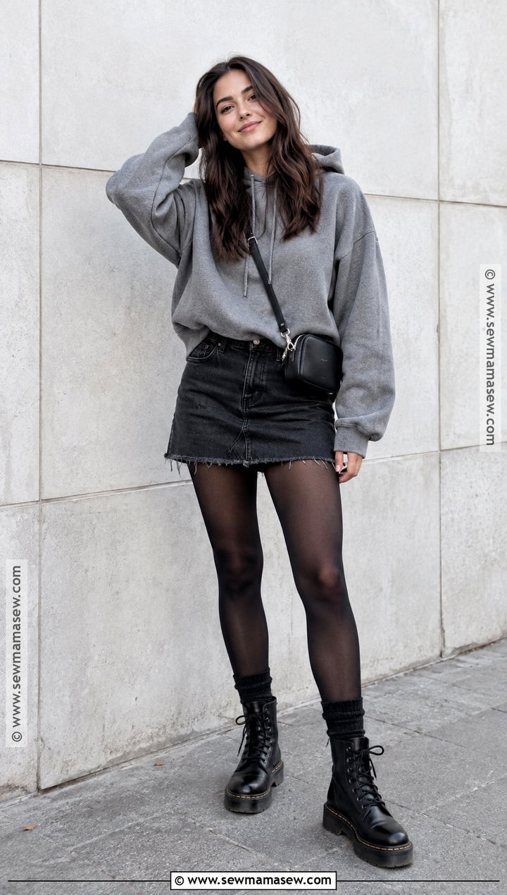 Jean Skirt With Hoodie And Combat Boots - 20 jean skirt outfit fall ideas