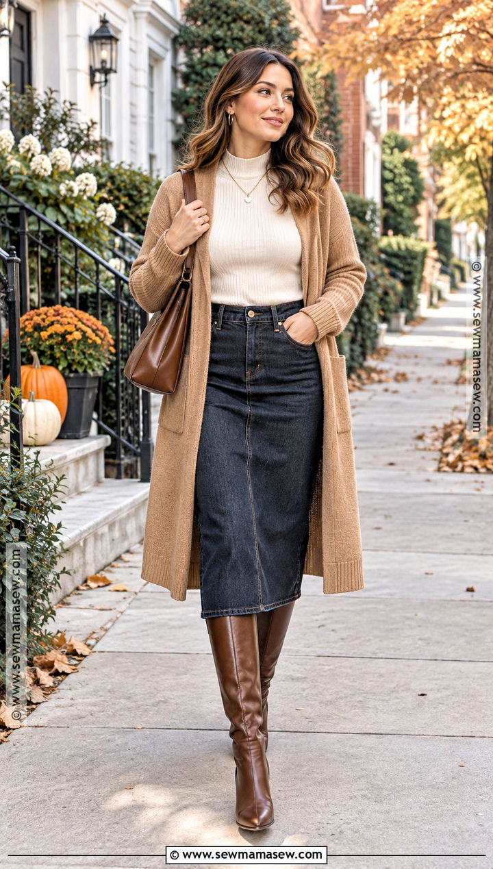 Jean Skirt With Long Cardigan And Tall Boots - 25 fall outfits jean skirt