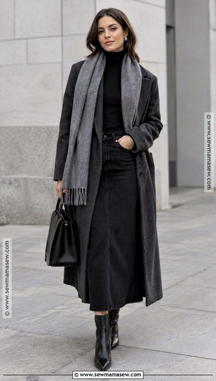 Jean Skirt With Monochrome Black Layers - 20 jean skirt outfit fall ideas