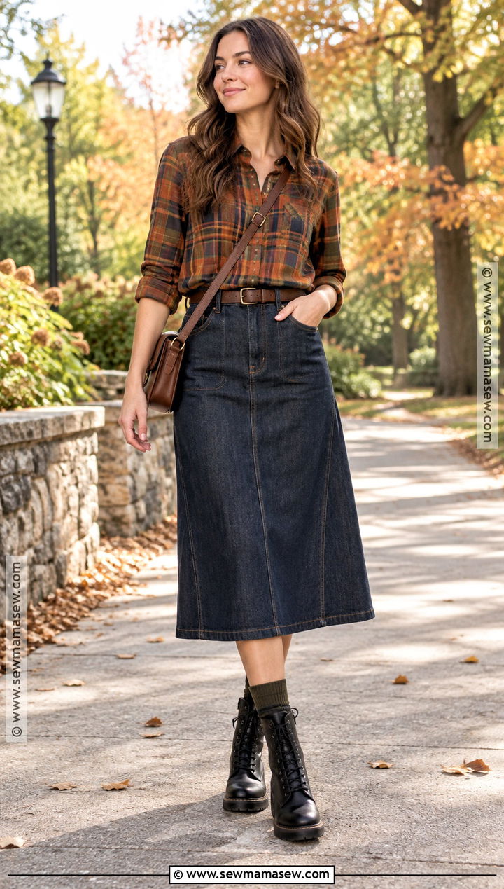 Jean Skirt With Plaid Shirt And Lace Up Boots - 20 jean skirt outfit fall ideas