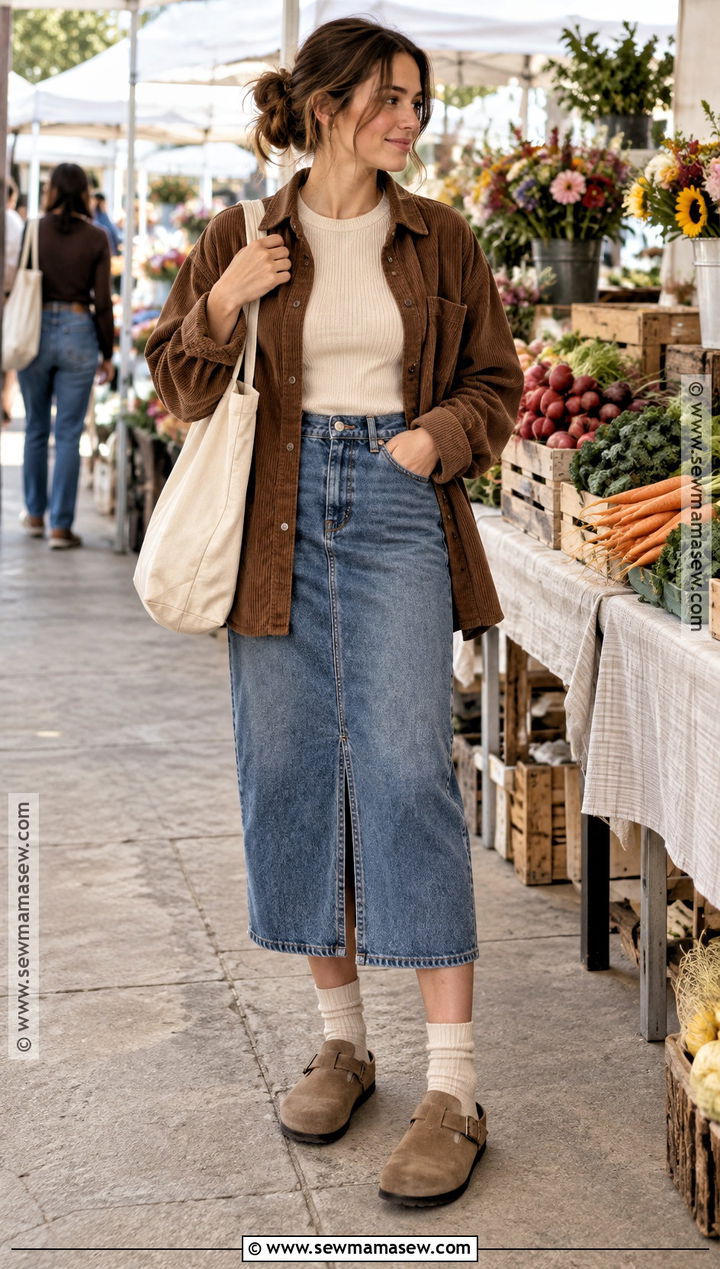 Jean Skirt With Shacket And Clogs - 20 jean skirt outfit fall ideas