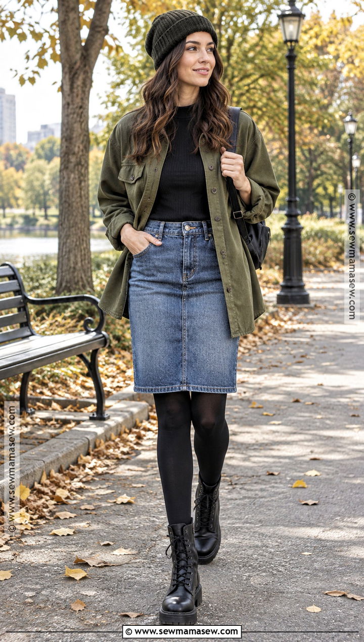Jean Skirt With Shacket And Combat Boots - 20 fall outfit jean skirt ideas