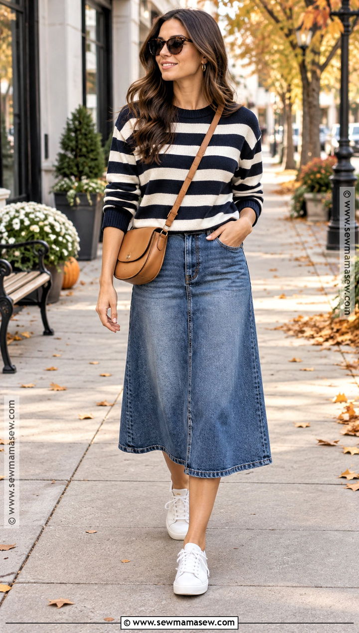 Jean Skirt With Striped Sweater And Sneakers - 25 fall outfits jean skirt