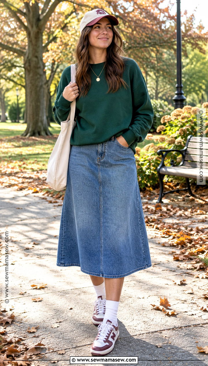 Jean Skirt With Sweatshirt And Retro Sneakers - 25 fall outfits jean skirt