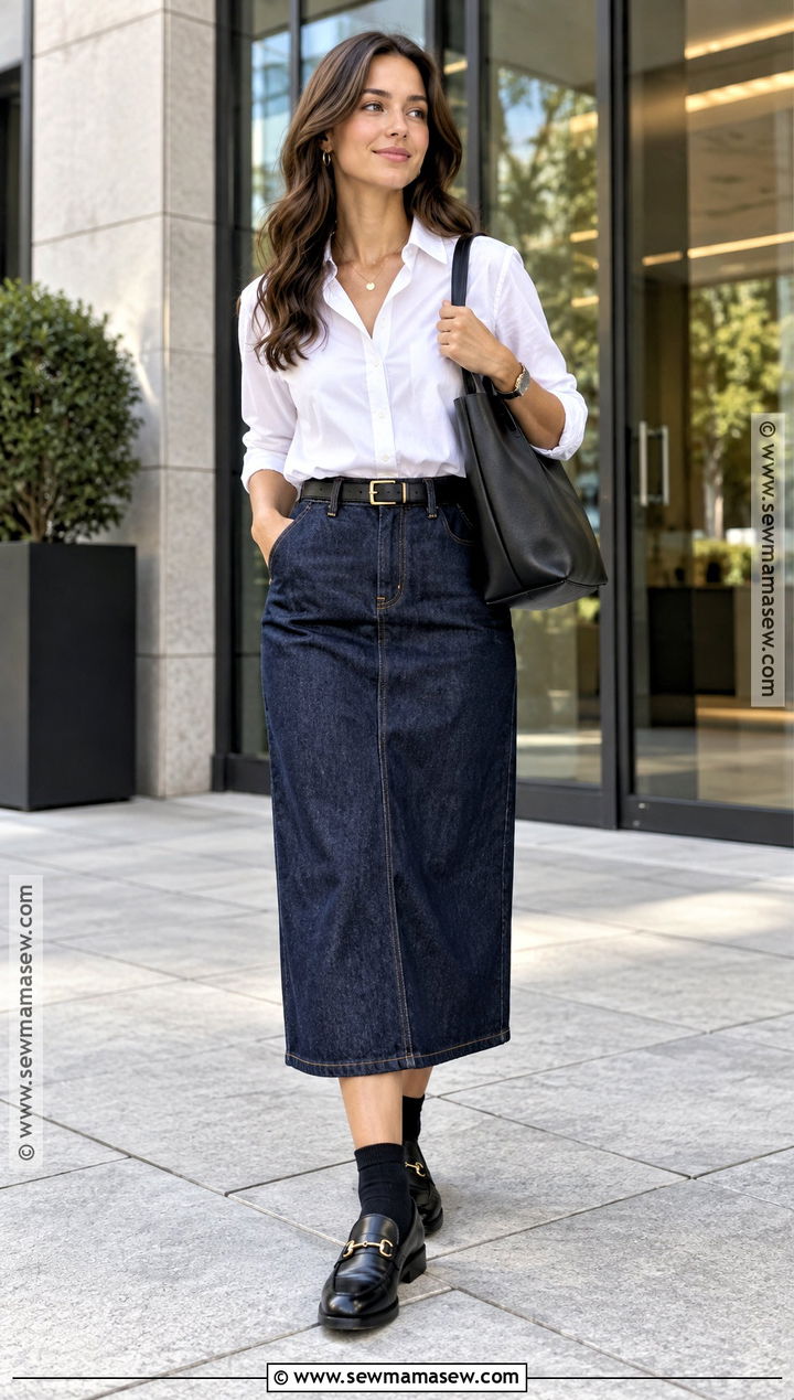 Jean Skirt With White Button Down And Loafers - 20 jean skirt outfit fall ideas