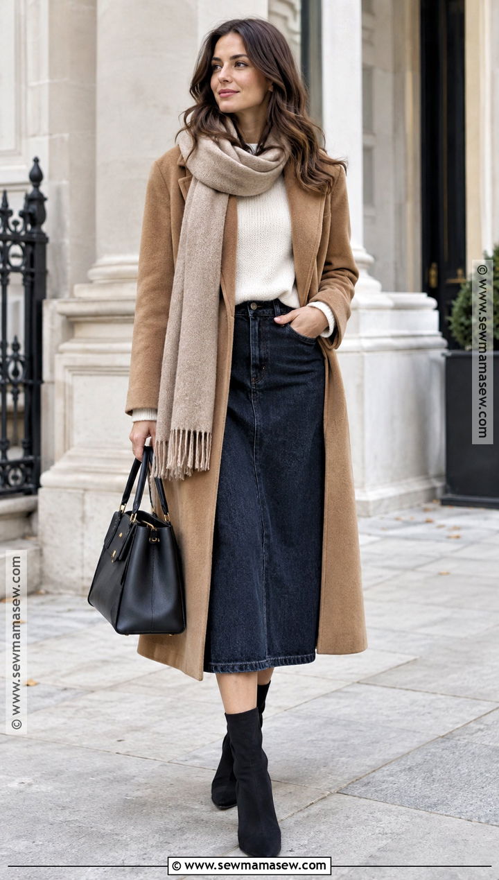 Jean Skirt With Wool Coat And Sock Boots - 20 jean skirt outfit fall ideas