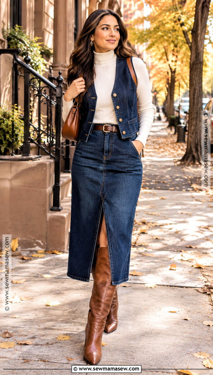 Jean Vest With Denim Skirt and Knee High Boots - 25 jean vest outfits fall