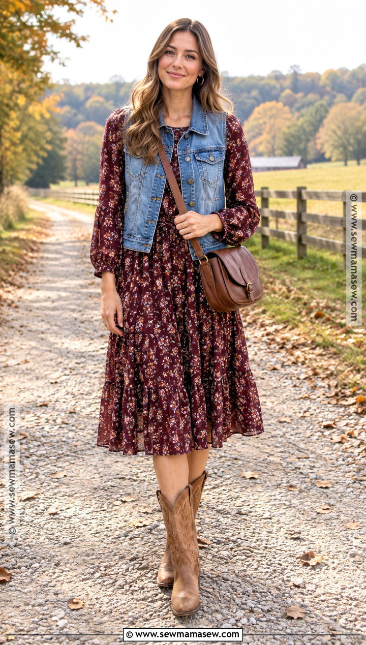 Jean Vest With Floral Midi Dress and Western Boots - 25 jean vest outfits fall