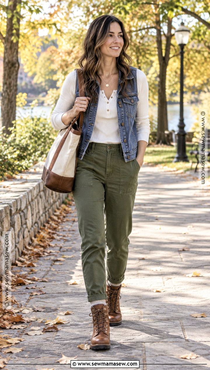 Jean Vest With Henley Top and Utility Pants - 25 jean vest outfits fall