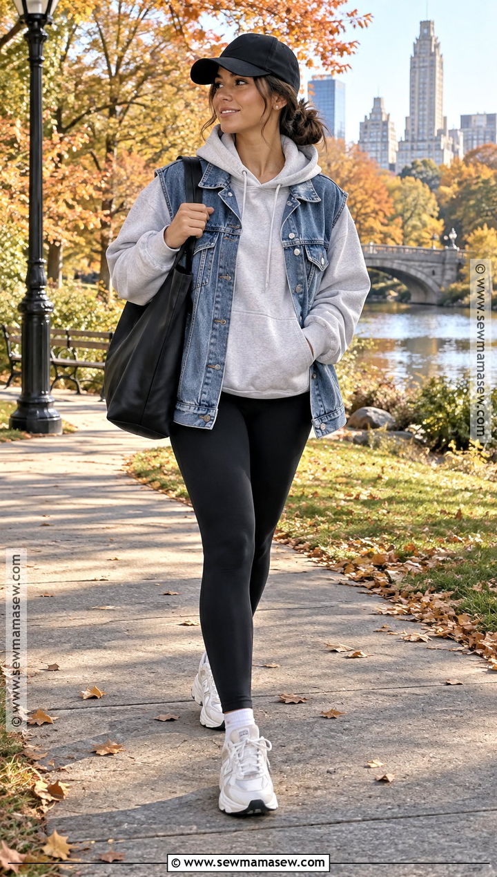 Jean Vest With Hoodie and Black Leggings - 25 jean vest outfits fall