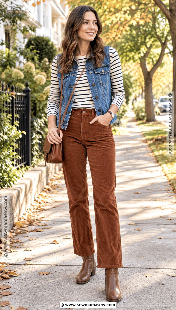 Jean Vest With Striped Top and Corduroy Pants - 25 jean vest outfits fall