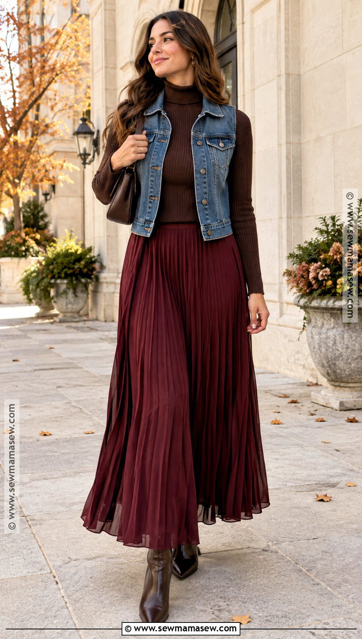 Jean Vest With Sweater and Maxi Skirt - 25 jean vest outfits fall