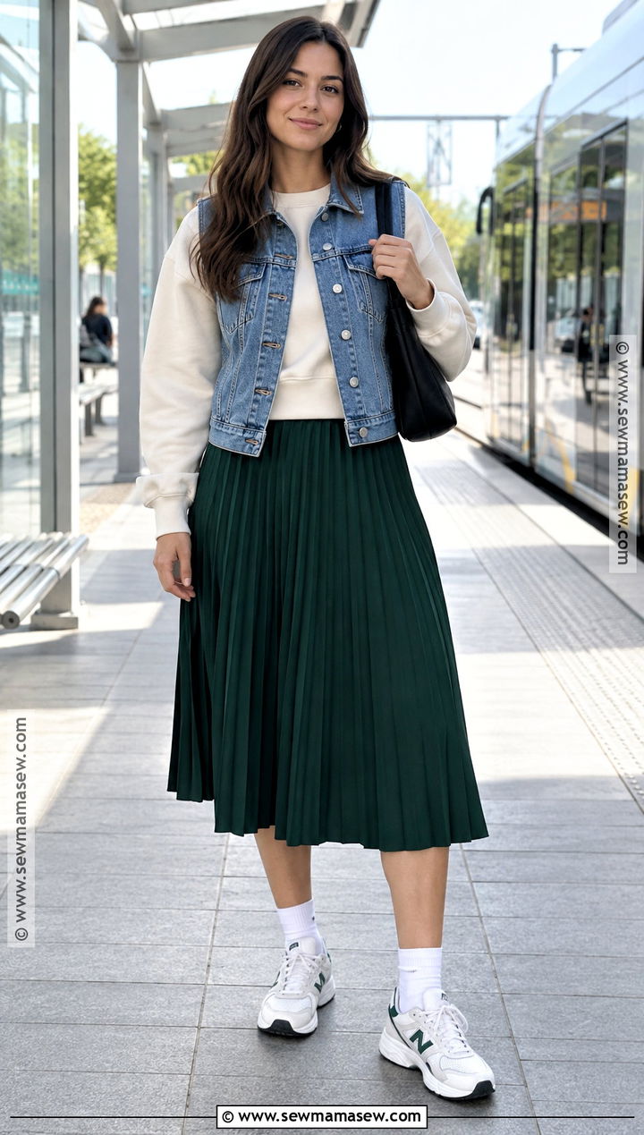 Jean Vest With Sweatshirt and Pleated Skirt - 25 jean vest outfits fall