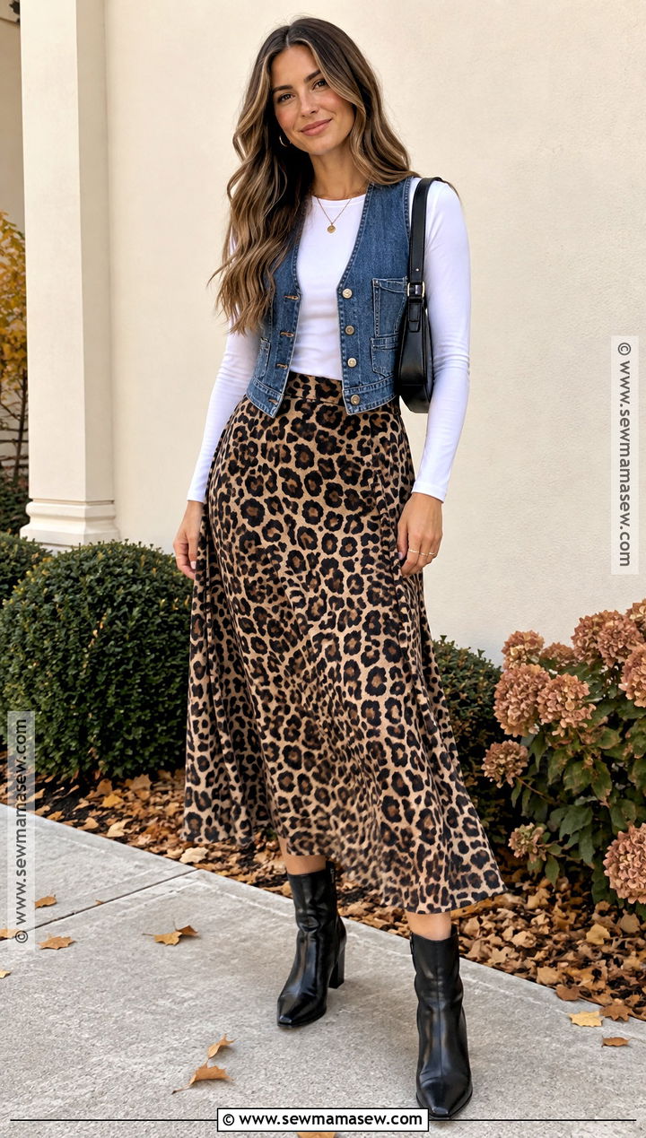 Jean Vest With White Tee and Leopard Skirt - 25 jean vest outfits fall