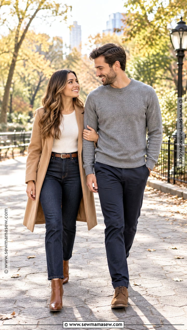 Jeans And Camel Coat Fall Engagement Photo Outfit - 20 outdoor engagement photos outfits fall