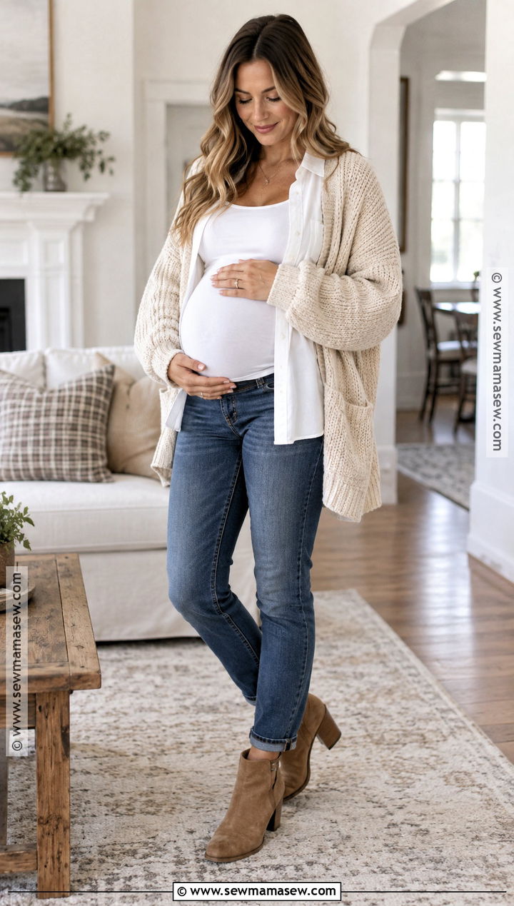Jeans White Button Down and Chunky Cardigan Maternity Photoshoot Outfit - 20 November Maternity Photoshoot Outfits
