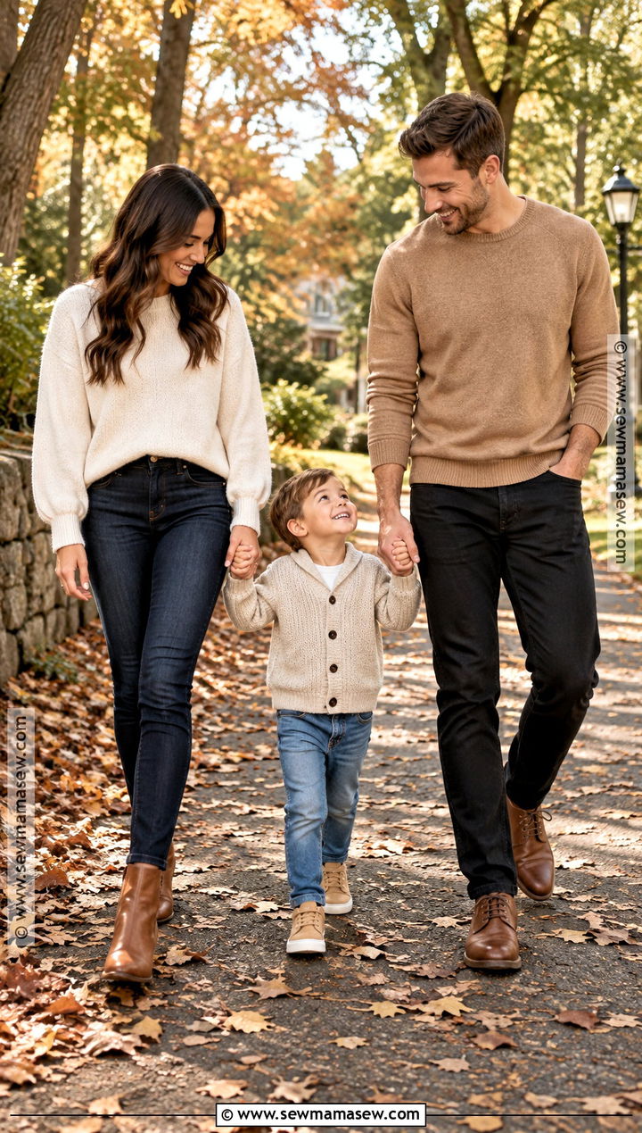 Jeans and Neutral Sweaters Family of 3 Fall Photo Outfit - 20 family of 3 fall photo outfits