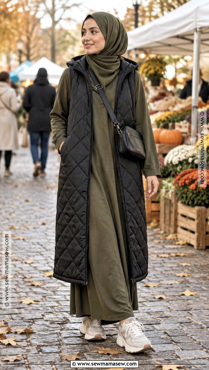 Jersey Abaya With Quilted Vest And Sneakers - 15 autumn abaya outfits