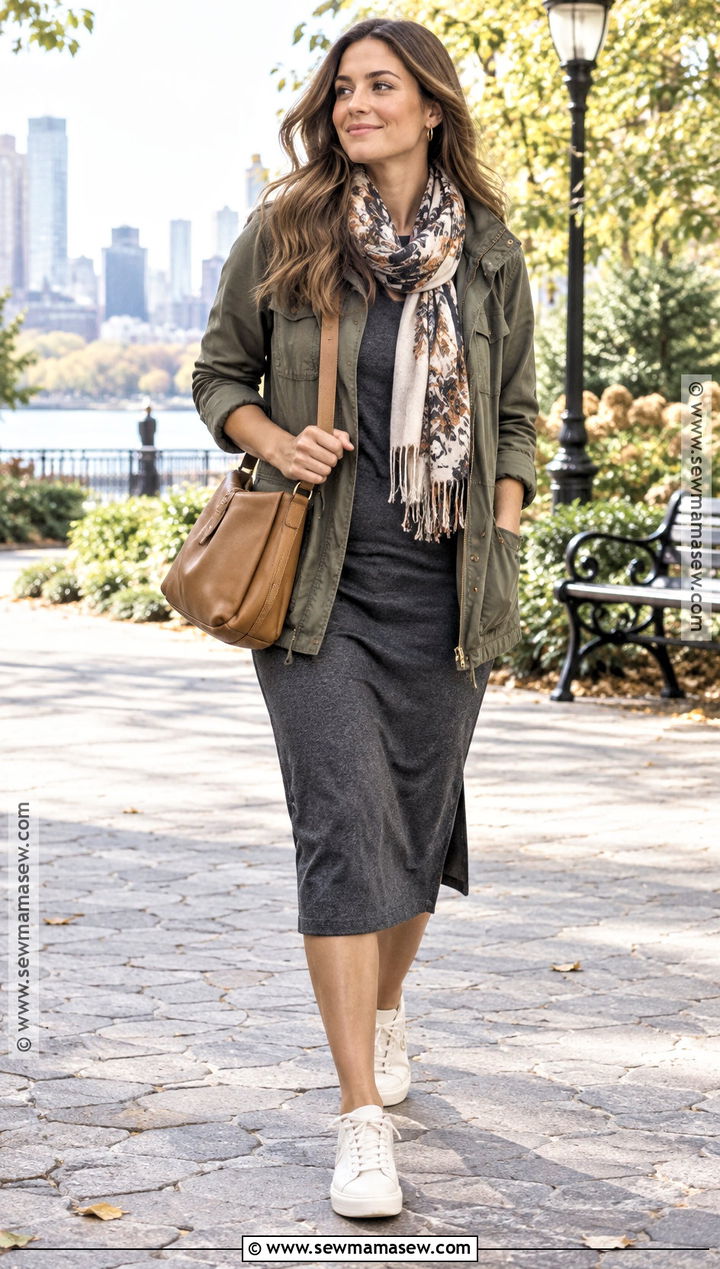 Jersey Dress With Utility Jacket And Sneakers - 20 Fall Dress Outfits for Women