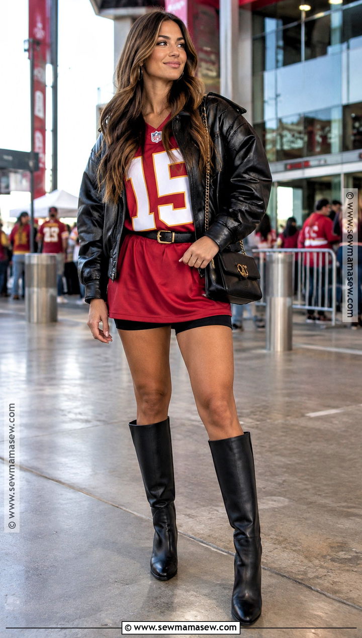 Jersey Dress and Knee High Boots Gameday Outfit - 20 fall gameday outfit ideas