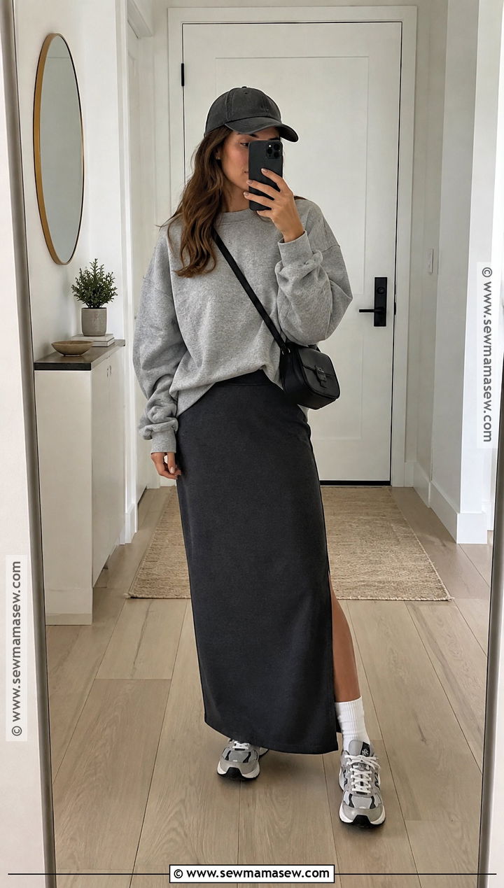 Jersey Maxi Skirt With Oversized Sweatshirt And Retro Sneakers - 20 fall outfit long skirt ideas