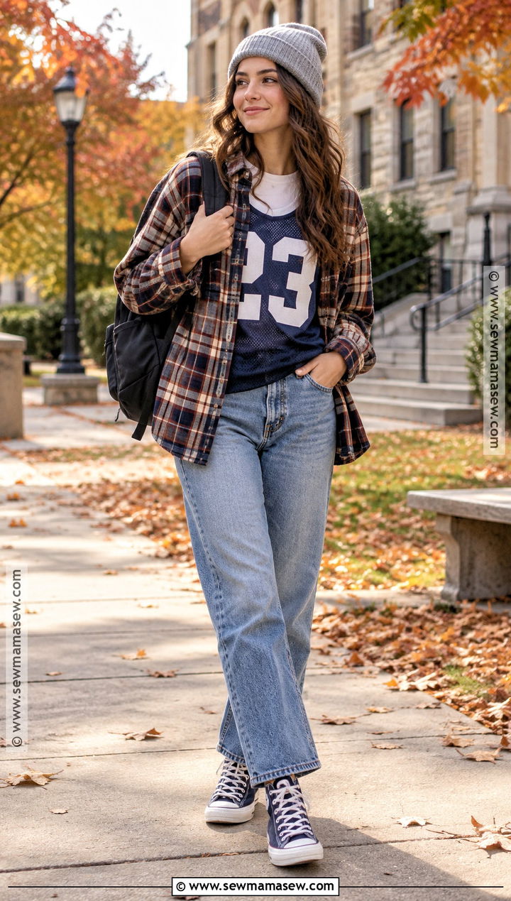 Jersey With A Flannel Shirt And Relaxed Jeans - 15 Fall Jersey Outfit Ideas