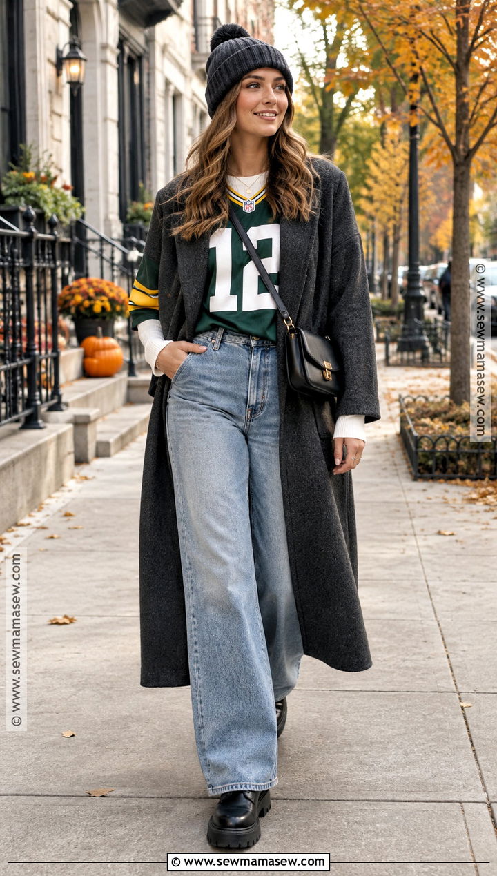 Jersey With Wide Leg Jeans And An Oversized Coat - 15 Fall Jersey Outfit Ideas