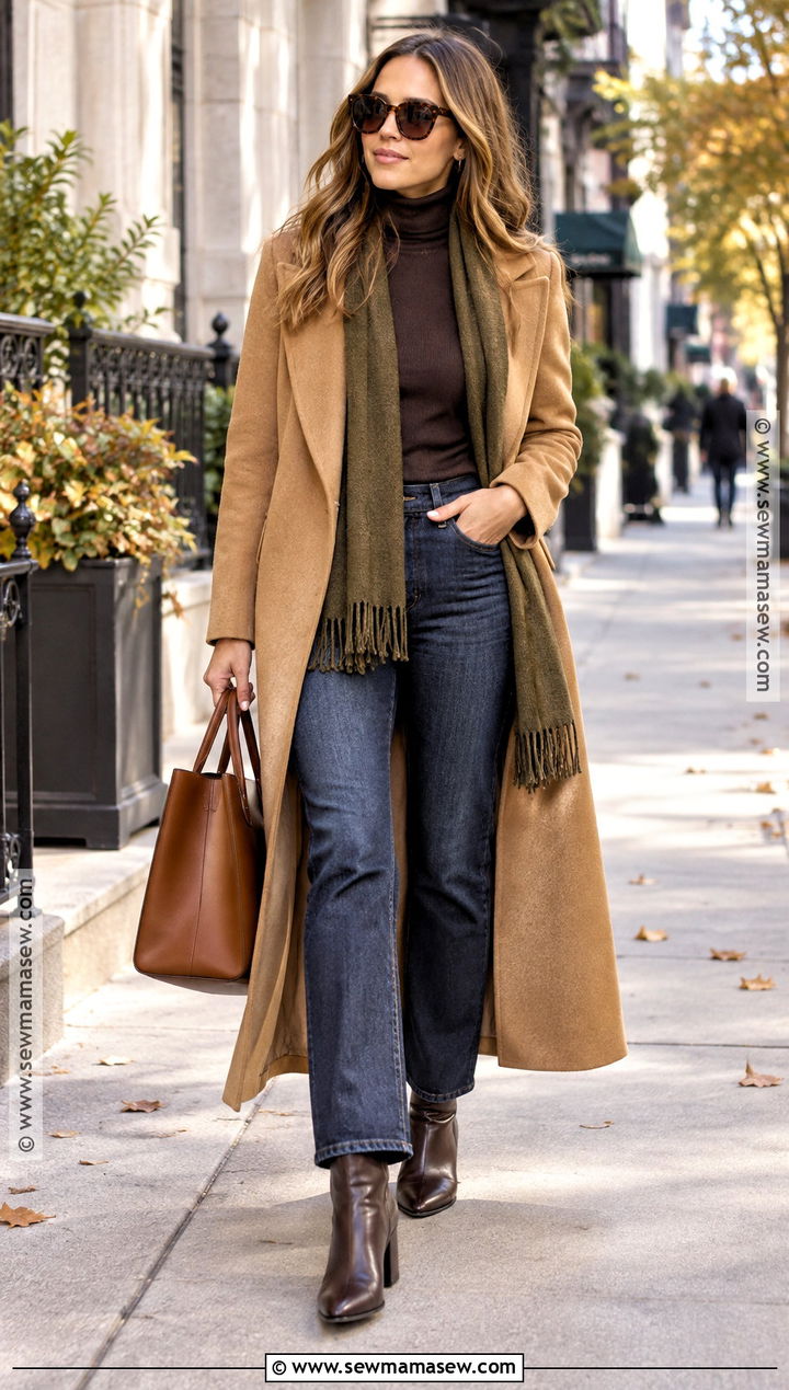 Jessica Alba Dark Autumn Camel Coat Outfit - 15 dark autumn celebrities outfits