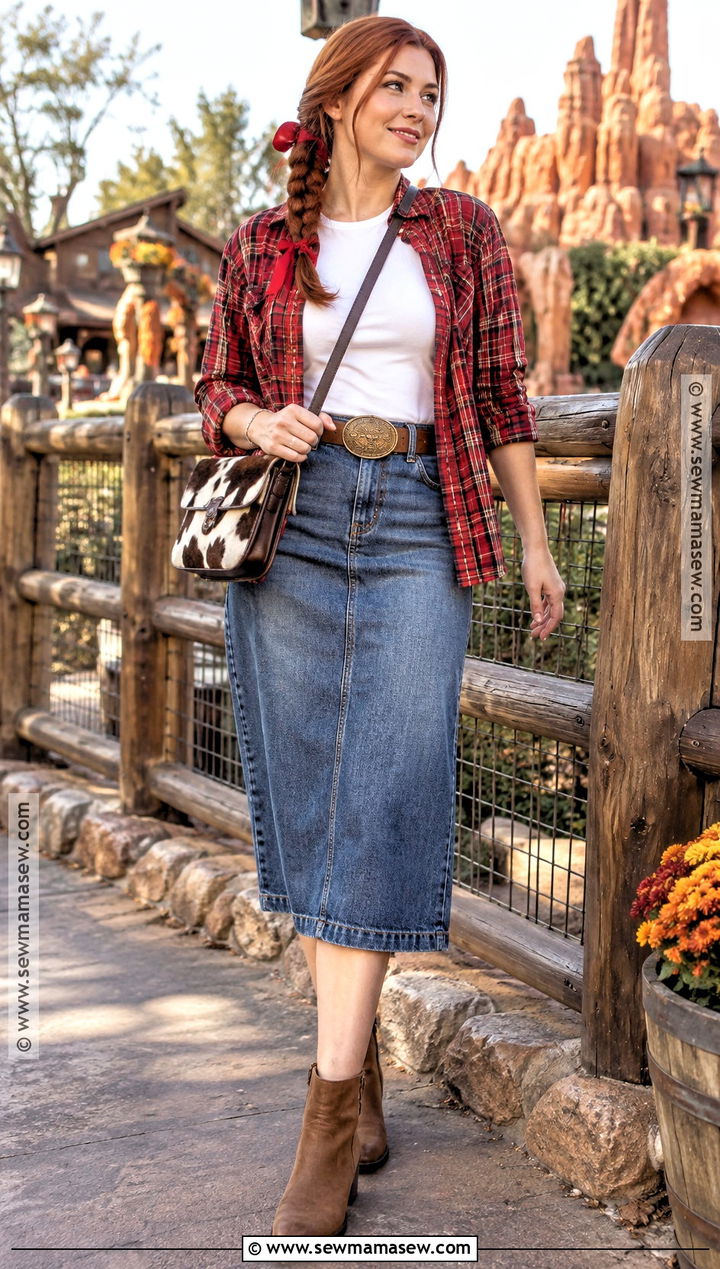 Jessie Flannel Shirt And Denim Midi Skirt - 15 thanksgiving disney outfits