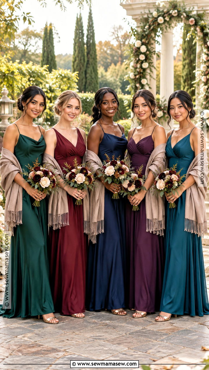 Jewel Tone Bridesmaid Dresses With Neutral Wraps - 15 Bridesmaid Shawls And Wraps Fall Ideas