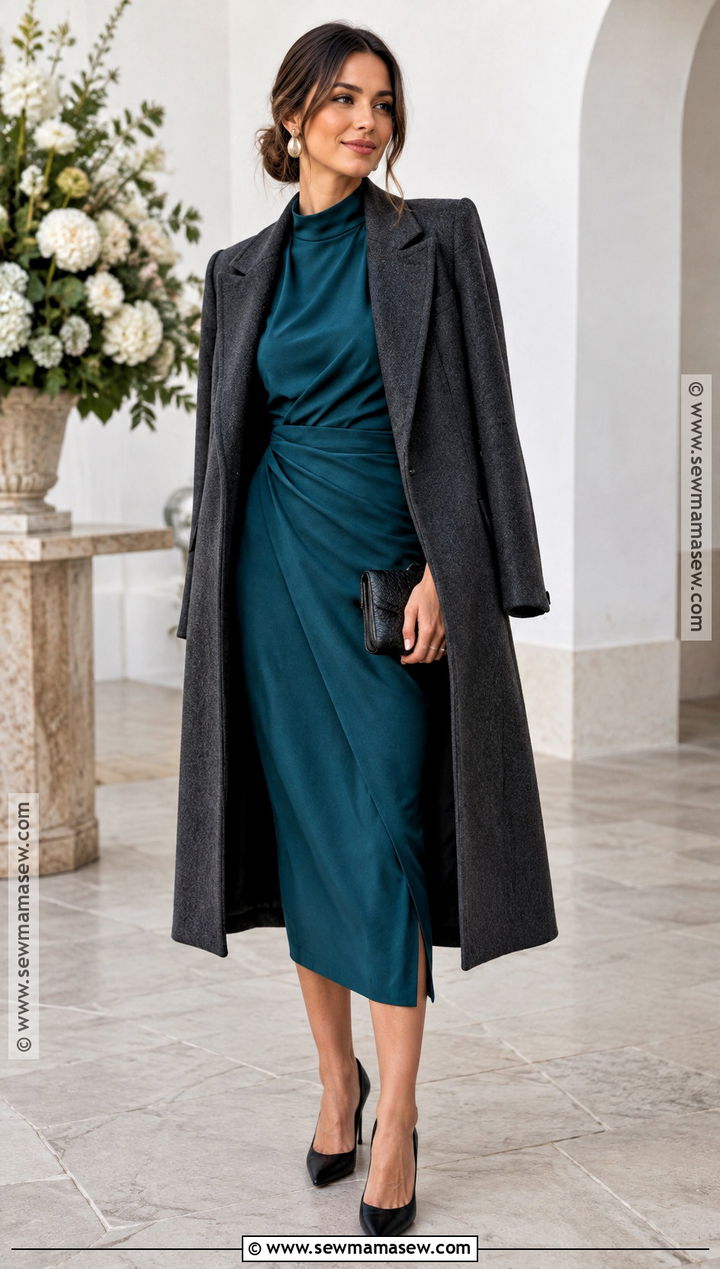 Jewel Tone Midi Dress And Long Coat Fall Formal Outfit - 20 fall outfits formal