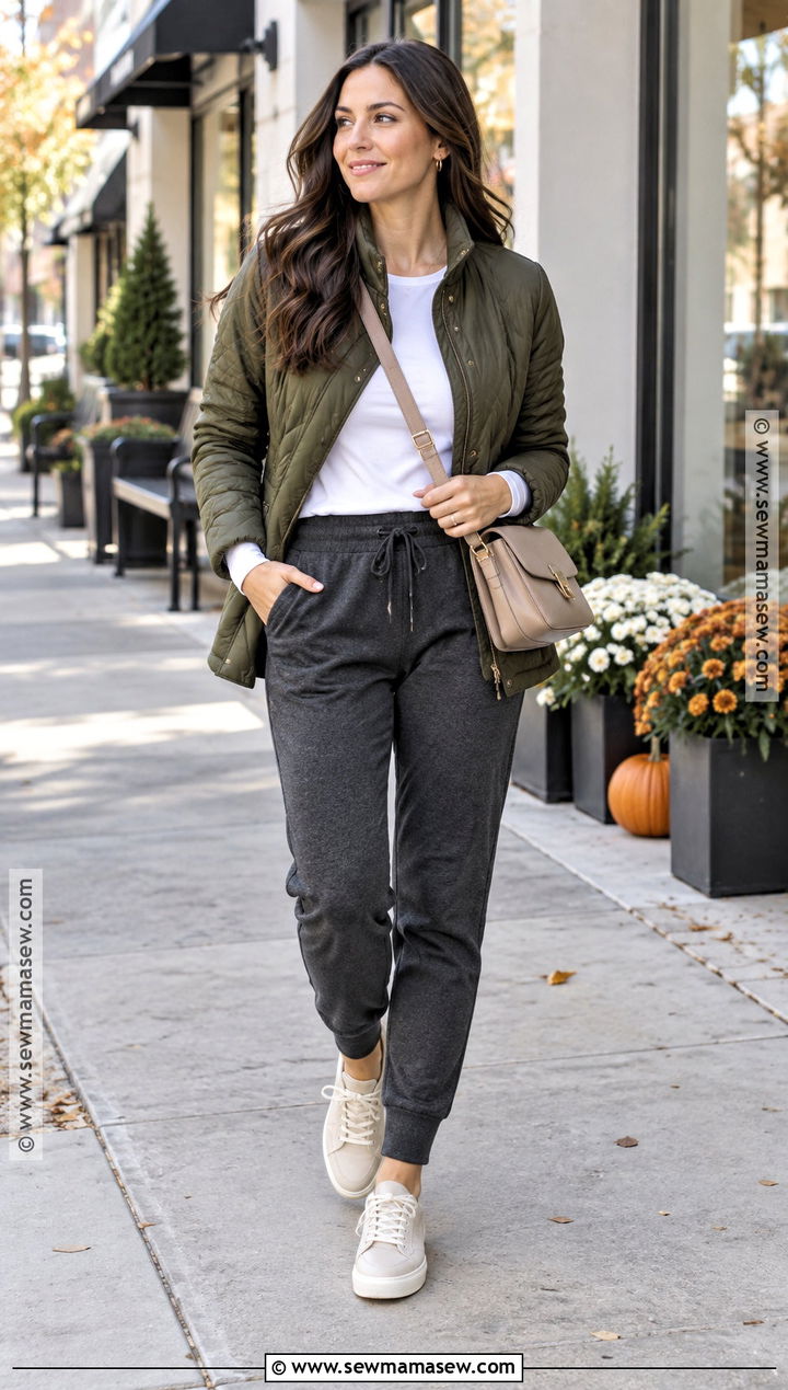 Jogger Pants With Quilted Jacket And Leather Sneakers - 25 fall outfits pants