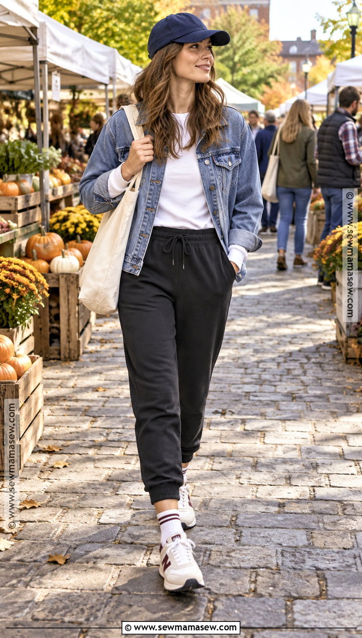Jogger Sweatpants With Denim Jacket And Retro Sneakers - 20 sweatpants fall outfit ideas