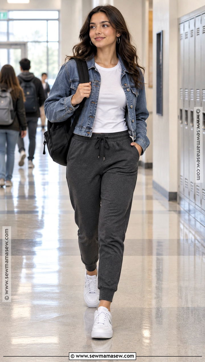 Joggers And Cropped Denim Jacket School Outfit - 25 back to school outfit ideas