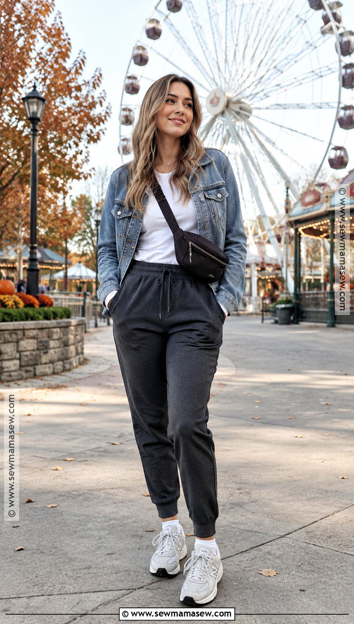 Joggers And Denim Jacket Fall Amusement Park Outfit - 20 fall amusement park outfit ideas