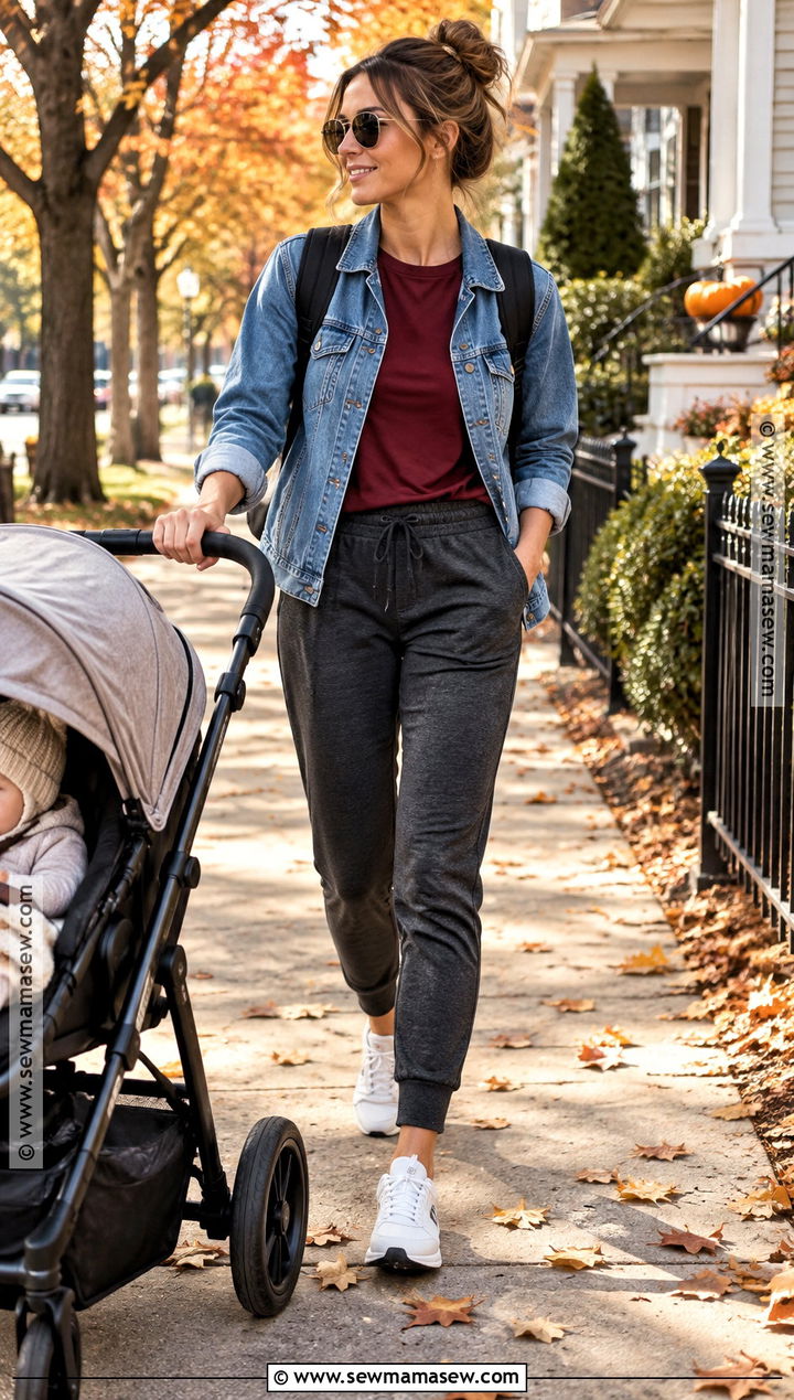 Joggers And Denim Jacket Nanny Outfit - 15 nanny outfit ideas fall