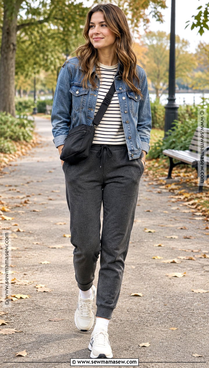 Joggers And Denim Jacket Walking Outfit - 15 Cute Walking Outfits Fall