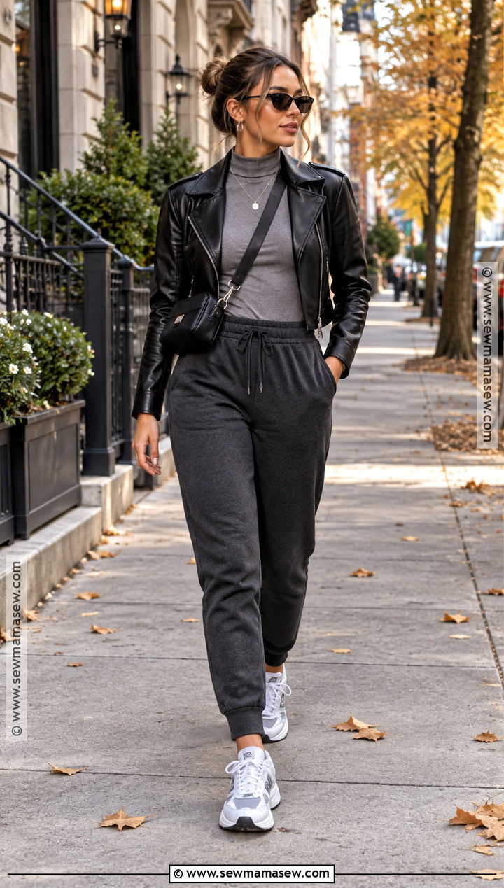 Joggers With Leather Jacket And Chunky Sneakers - 15 fall outfit joggers ideas