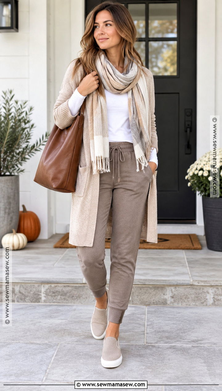 Joggers With Long Cardigan And Slip On Sneakers - 15 fall outfit joggers ideas
