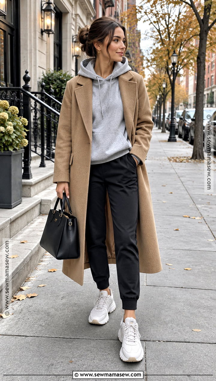Joggers With Oversized Hoodie And Long Coat - 15 joggers fall outfit ideas