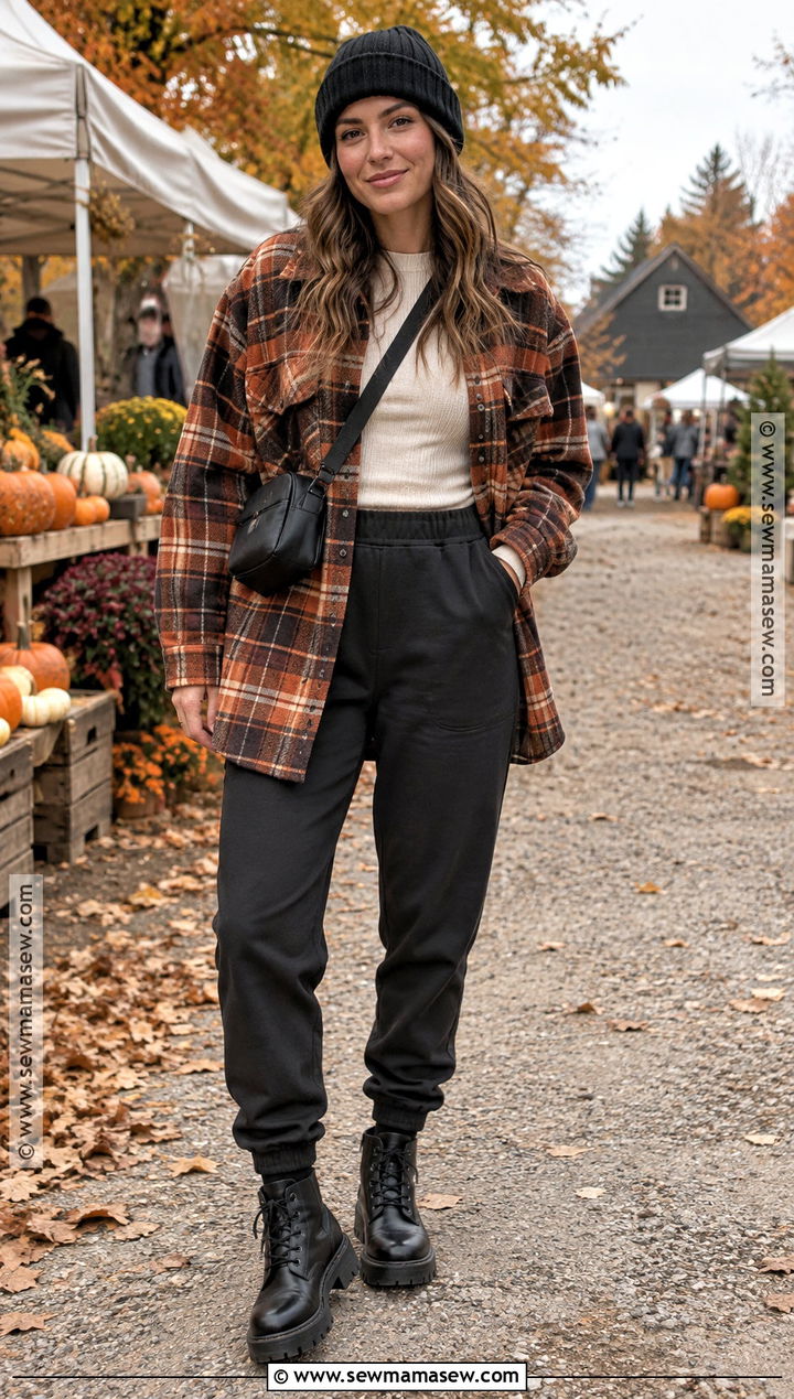 Joggers With Plaid Shirt Jacket And Combat Boots - 15 joggers fall outfit ideas