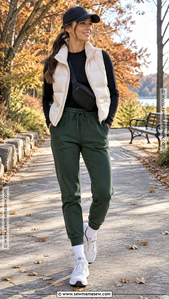Joggers With Puffer Vest And Running Shoes - 15 fall outfit joggers ideas