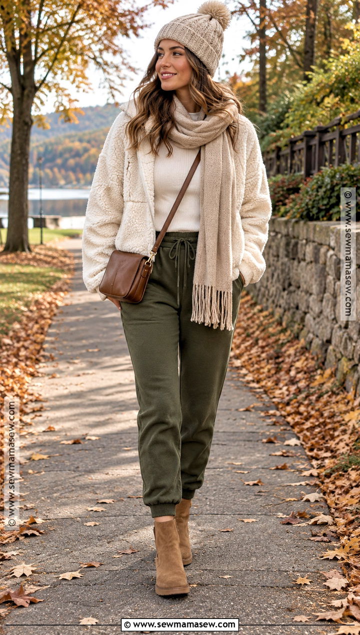 Joggers With Sherpa Jacket And Suede Boots - 15 joggers fall outfit ideas