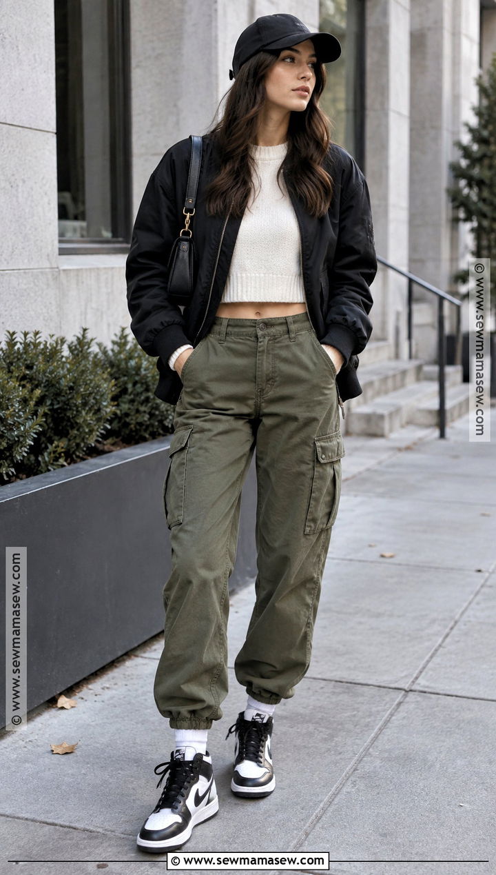 Jordan 1 With Cargo Pants And Cropped Sweater - 20 jordan 1 outfit women fall ideas