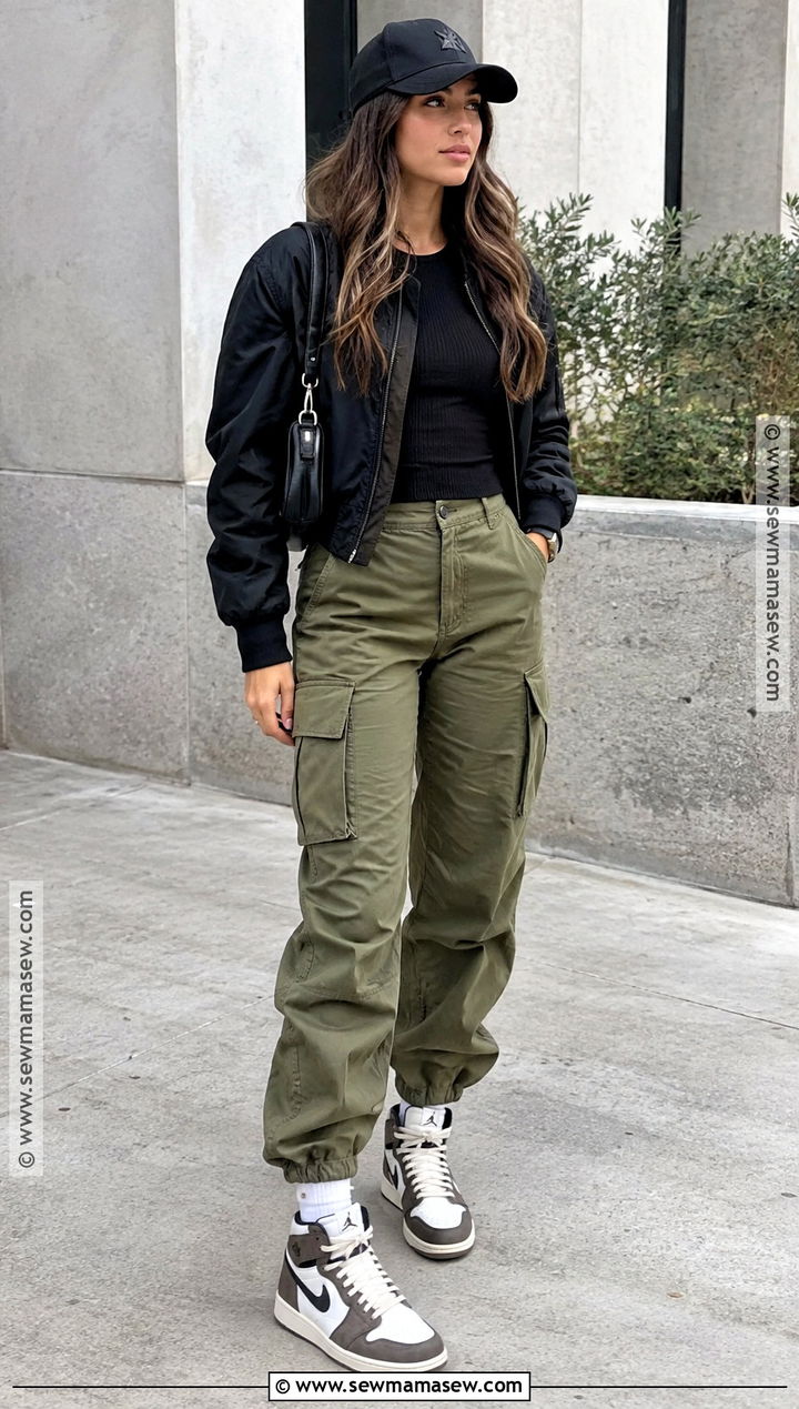 Jordan 1 With Cargo Pants and Bomber Jacket - 15 jordan 1 fall outfit ideas