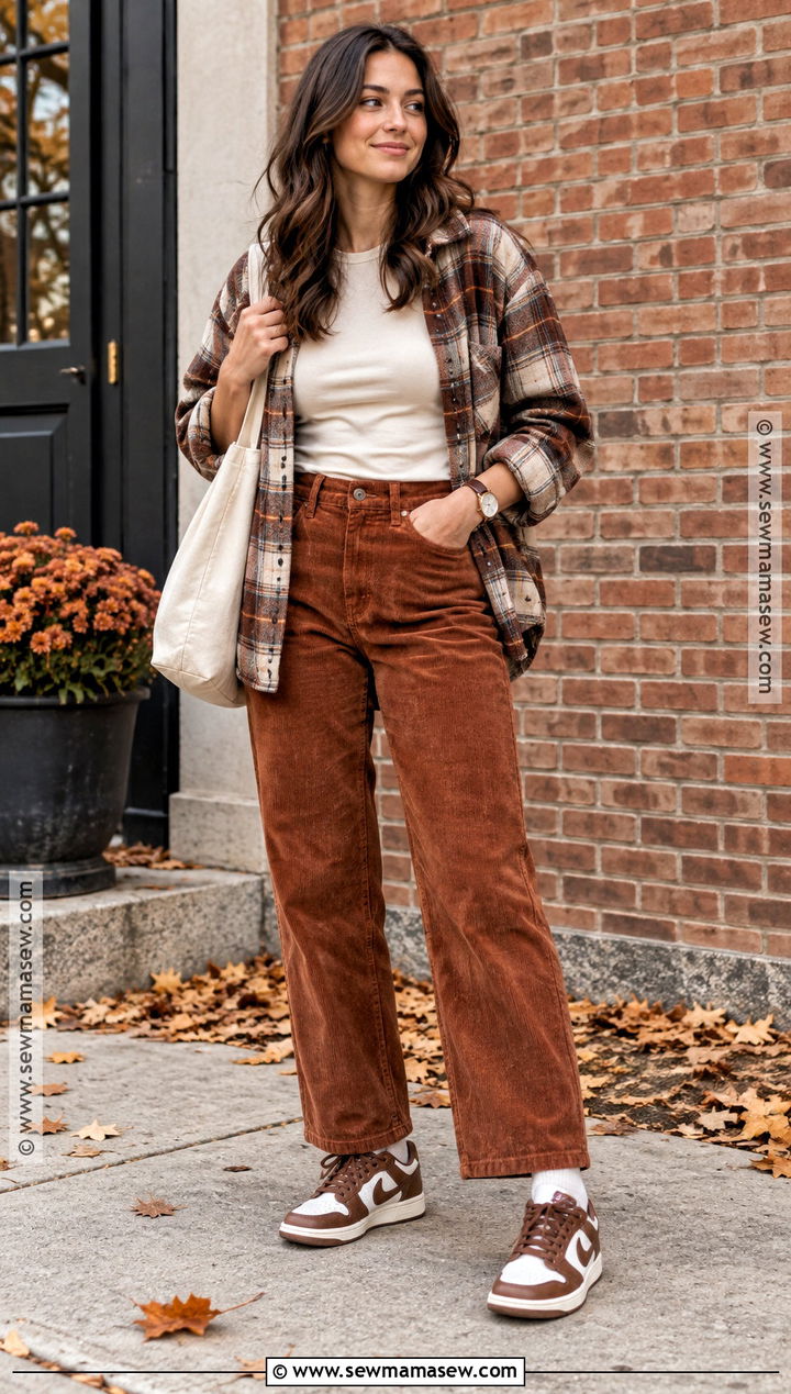 Jordan 1 With Corduroy Pants and Shacket - 15 jordan 1 fall outfit ideas