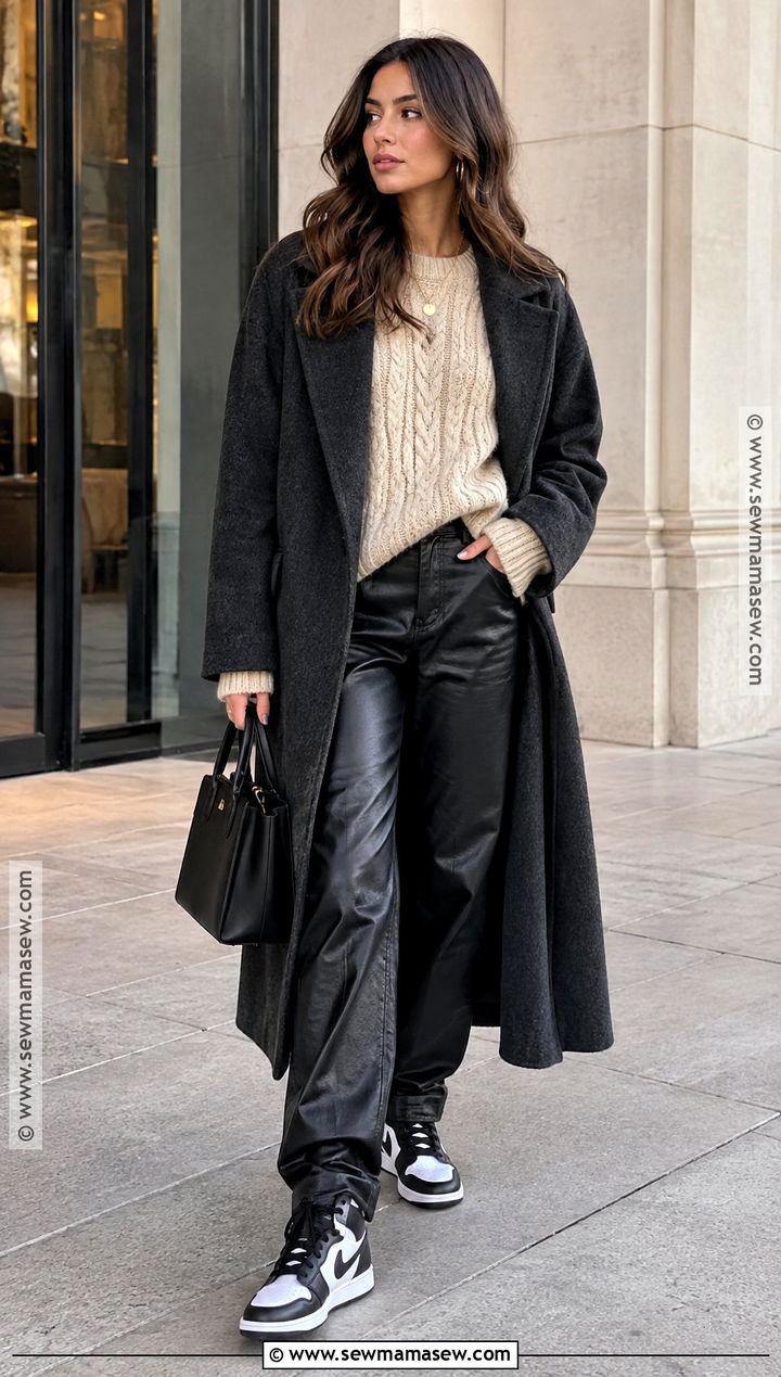 Jordan 1 With Faux Leather Pants and Knit Sweater - 15 jordan 1 fall outfit ideas