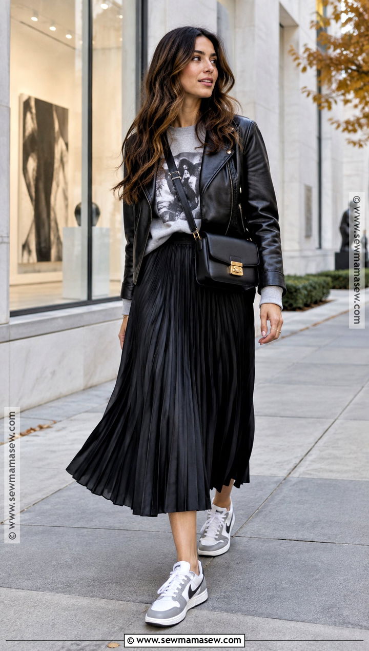 Jordan 1 With Midi Skirt And Graphic Sweatshirt - 20 jordan 1 outfit women fall ideas