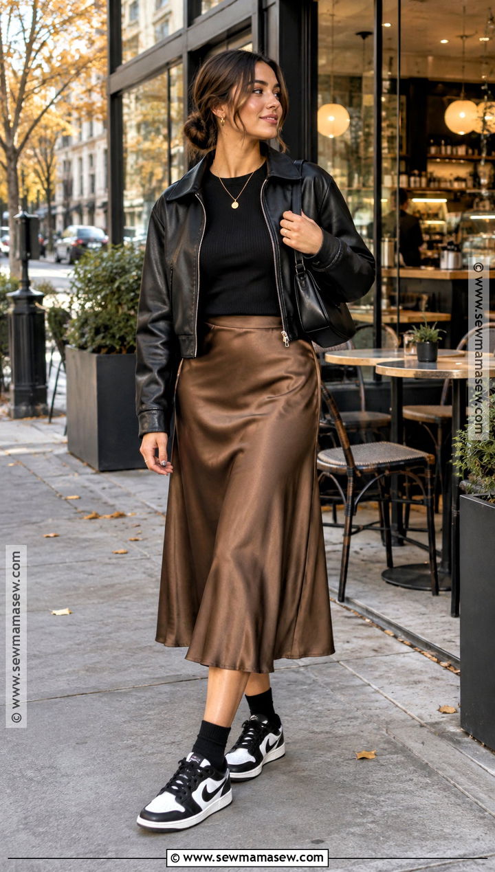 Jordan 1 With Midi Skirt and Leather Jacket - 15 jordan 1 fall outfit ideas